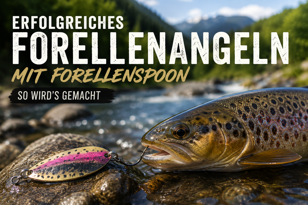 Bachforelle und Forellenspoon an einem Gebirgsbach – Titelbild zum Ratgeber über erfolgreiches Forellenangeln mit Spoons.