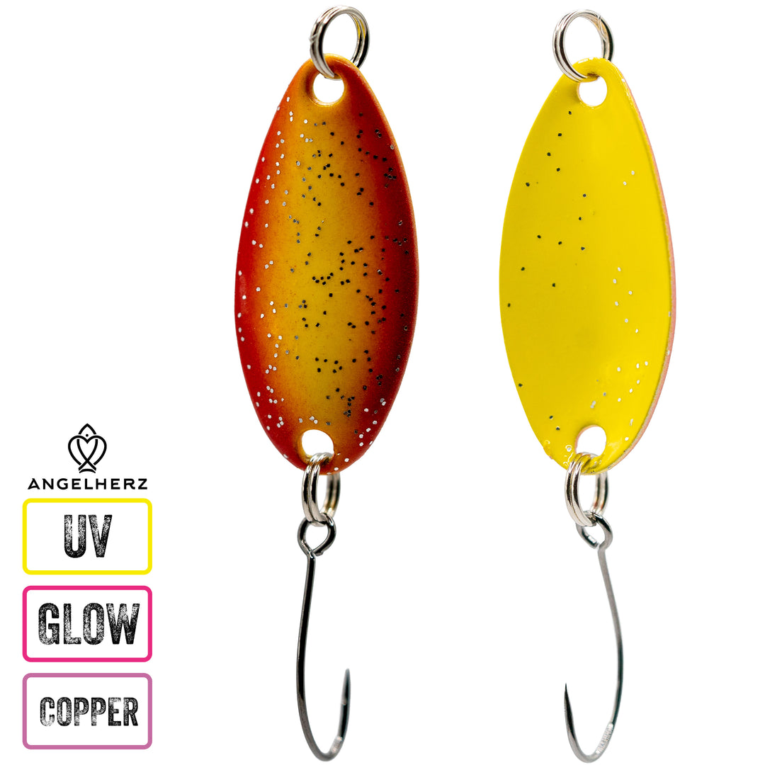 Angelherz® ColorDrop – Premium UV & Glow Forellen Spoon (2,5g / 3,5g)