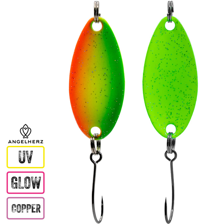 Angelherz® ColorDrop – Premium UV & Glow Forellen Spoon (2,5g / 3,5g)