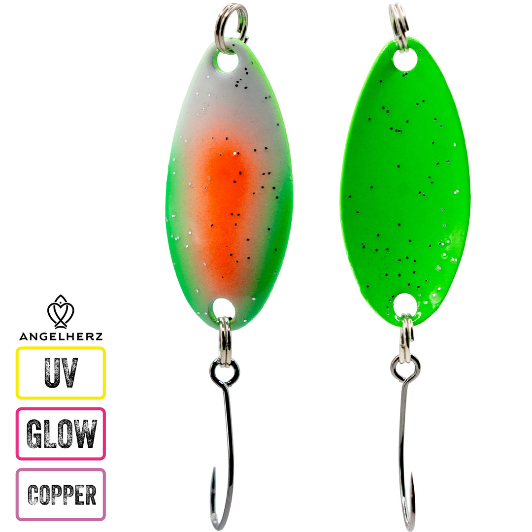 Angelherz® ColorDrop – Premium UV & Glow Forellen Spoon (2,5g / 3,5g)