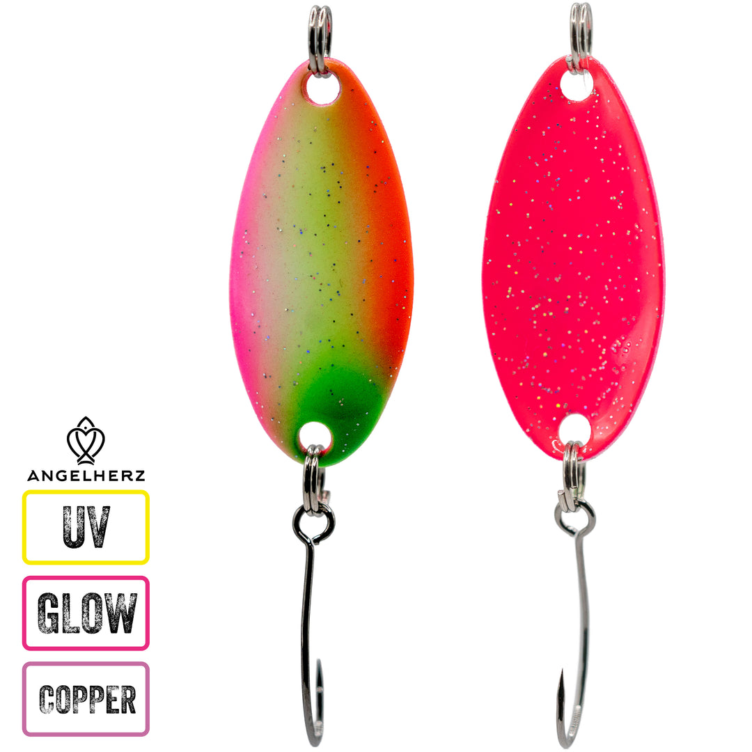Angelherz® ColorDrop – Premium UV & Glow Forellen Spoon (2,5g / 3,5g)
