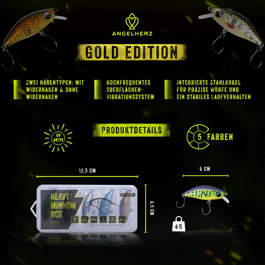 Angelherz® Heavy Minnow Box – UV-aktive Forellenköder mit Rassel