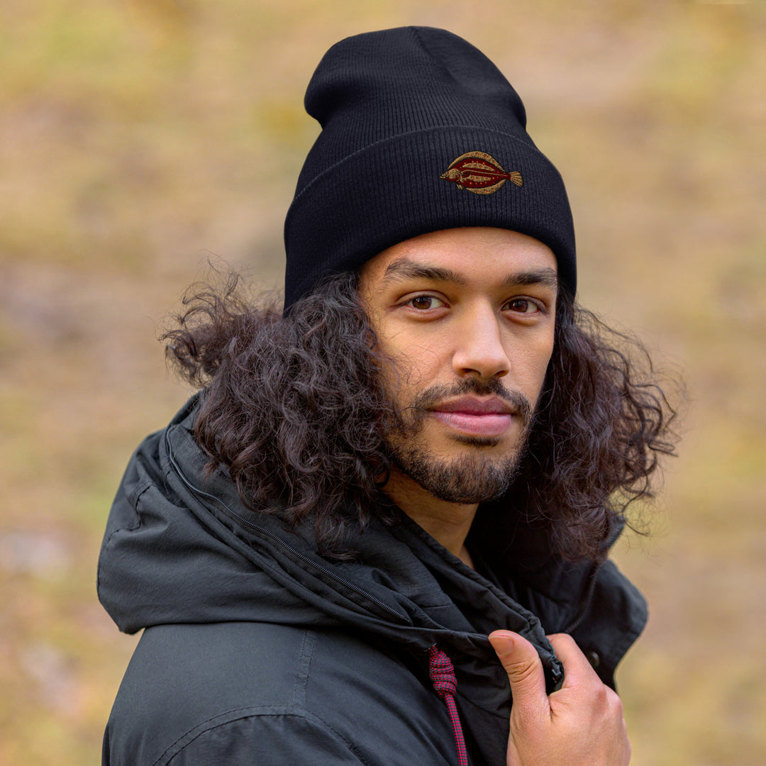 Umgeschlagene Beanie Scholle Stickerei